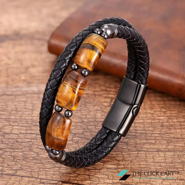 TCC™ Natural Tiger Eye Tumble Leather Money Manifest & Willpower Bracelet